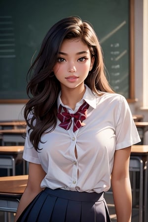 (best quality)), ((masterpiece)), ((realistic)); college student, female, college uniform, organic shapes, harmonious composition, upper body, dynamic movement, excited to start the school year, (lovely and charming face, long_hair, tanned), ((beautiful, sultry, sensual)), ((full_lips, luscious_lips, sexy))
