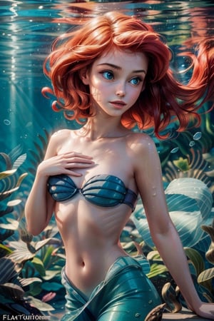 ((best quality)), ((masterpiece)), ((realistic)); a girl, elegance, flowing lines, organic shapes, harmonious composition, shiny skin, ((flat_chest, underdeveloped, young, short hair, plain)), red hair, Disney Princess Ariel costume, upper body, dynamic movement, (blue seashell on breast), fish tail, swimming in the ocean