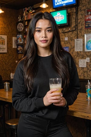 Woman (25 years old) with long black hair and black eyes, caucasian, lustruous shiny hair,  wearing black pants and a black sweatshirt, drinking in a dive bar, beautiful, attractive, busty, sexy, sensual, gorgeous