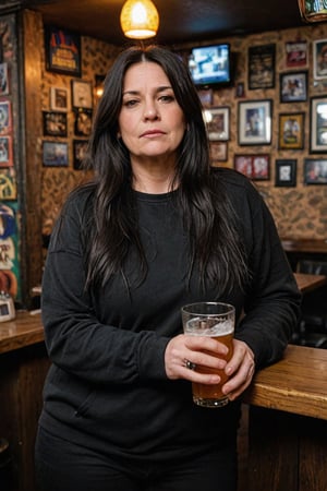 Depressed woman (50 years old) with long black hair and black eyes, unkempt, overweight, wearing black pants and a black sweatshirt, drinking in a dive bar, 