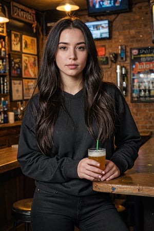 Woman (25 years old) with long black hair and black eyes,lustruous shiny hair,  wearing black pants and a black sweatshirt, drinking in a dive bar, 