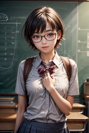 (best quality)), ((masterpiece)), ((realistic)); college student, female, colege uniform, organic shapes, harmonious composition, upper body, dynamic movement, excited to start the school year, (flat_chest, underdeveloped, young, short hair, nerdy),