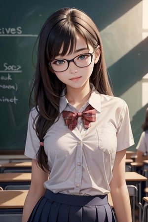 (best quality)), ((masterpiece)), ((realistic)); college student, female, college uniform, organic shapes, harmonious composition, upper body, dynamic movement, excited to start the school year, (flat_chest, long hair, nerdy),