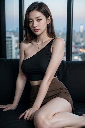 (Best quality, 8k, 32k, Masterpiece, real life, photorealism, highres, UHD:1.2),Photo of Pretty Japanese woman, 1girl, 22yo, (shoulder length dark brown hair), double eyelids, glossy lips, natural medium breasts, wide hips, slender body, soft curves, pale skin, detailed skin texture, skin pores, necklace, shirt, skirt, (midnight, night:1.3), huge window with (beautiful cityscape night view:1.3), couch, (full body portrait:1.2), sharp focus, charming face, sexy eyes, enchanting smile, (looking at viewer:1.3), from side, legs focus, highly details, white teeth, detailed eyes, detailed facial, detailed hair, detailed fabric rendering,epiC35mm,