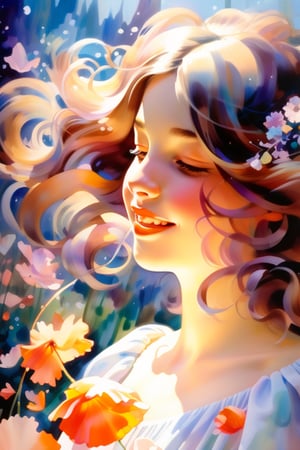 Fantastic, dream-like illustrations depict a girl putting a wreath on her head, laughter echoing in a poppy field drenched in sunlight, the rustle of silk swaying in a flowing dress, and a whimsical and carefree atmosphere. Did. Soft pastel colors and delicate lines that convey a sense of magic and joy, compositions, pastels and watercolors that focus on the girl's joyful expression and the swirling movement of the flowers around her,perona,pastel,Chromaspots,perfect light,watercolor,glowing gold,fantasy,glitter