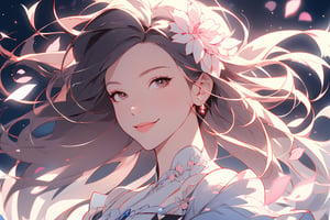 detailed intricate image of a beautiful woman walking in a field of colorful flowers, wide-angle viewed from below, epic sky background, smile, long flowy hair blowing in the wind, flower petals blowing in the wind, 8kUHD,  ultradetailed ultrarealistic face, sharp focus on face, bokeh, john singer Sargent style ,bzhw,flower_of_ice,1 girl,perfect light,3va,firefliesfireflies