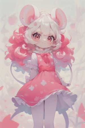 mouse girl, mouse ears, pink mouse tail, mouse nose, anthro, furry face, mouse nose, little pink mouse nose, pink wrist fur, (extremely curly white hair with red and pink highlights, red and pink hair highlights), arms behind back, white eyelashes, white sundress, strawberry pattern on dress, white body fur, curiously looking at pov, leaning fblushing, toward pov, flat chested, wide smile, very happy, full of wonder, blush, digitigrade, furry, petite, extremely short, very high detail body, very high detail skin, excellent quality, perfect, masterpiece, 