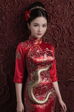 
Qipao:1.1,1 girl, full body:1.1, (masterful), detailed and intricate, Glass Elements, looking_at_viewer, Chinese girls, goth person, sfw, complex background, dragon pattern on red Qipao, dragon-themed, ,dragon-themed,Indian