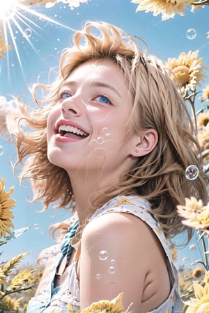 1girl,solo,white background,falling down,floating,in air,floating hair,Bubbles, blue eyes, clear sparkling deep eyes, smiling, happy, open mouth,refracted sunlight, light spots, sadness, lowered head,short hair
pastel,perfect light,1 girl