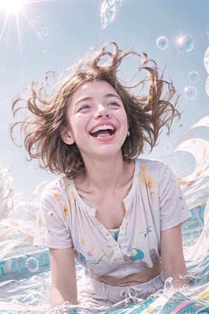 1girl,solo,white background,falling down,floating,in air,floating hair,Bubbles, blue eyes, clear sparkling deep eyes, smiling, happy, open mouth,refracted sunlight, light spots, sadness, lowered head,short hair
pastel,perfect light,1 girl