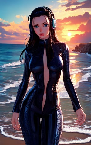 ((masterpiece,best quality)),(highres), beach, sunset, contrapposto,1girl, nico robin, black hair, long hair, large breasts, blue eyes, hair slicked back, eyelashes, straight hair, aqua eyes, headphones, lips, glossy suit, intricate pattern,
sand, vanishing point, depth_of_field, scenery,  solo, cowboy shot, looking at viewer, absurdres,ONEPIECE_EggHead_NicoRobin_ownwaifu,photorealistic,Pixel art,intricate printing pattern ,glossy full bodysuit
