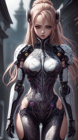 front_view, masterpiece, best quality, photorealistic, raw photo, (1girl, looking at viewer), long blonde hair, mechanical white glossy suit, intricate printing patter, delicate gold filigree, intricate filigree, black metalic parts, detailed part, dynamic pose, detailed background, dynamic lighting,
,bikini armor,Mecha,1 girl,intricate printing pattern 