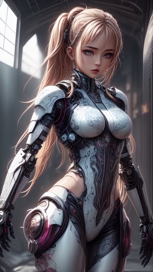 front_view, masterpiece, best quality, photorealistic, raw photo, (1girl, looking at viewer), long blonde hair, mechanical white glossy suit, intricate printing patter, delicate gold filigree, intricate filigree, black metalic parts, detailed part, dynamic pose, detailed background, dynamic lighting,
,bikini armor,Mecha,1 girl,intricate printing pattern 