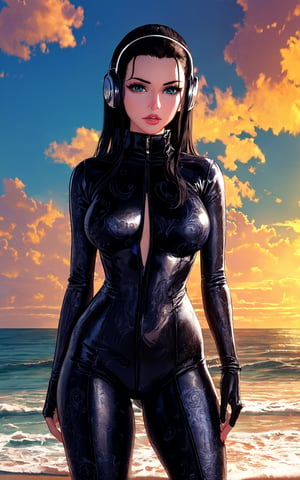 ((masterpiece,best quality)),(highres), beach, sunset, contrapposto,1girl, nico robin, black hair, long hair, large breasts, blue eyes, hair slicked back, eyelashes, straight hair, aqua eyes, headphones, lips, glossy suit, intricate pattern,
sand, vanishing point, depth_of_field, scenery,  solo, cowboy shot, looking at viewer, absurdres,ONEPIECE_EggHead_NicoRobin_ownwaifu,photorealistic,Pixel art,intricate printing pattern ,glossy full bodysuit