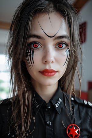 this is a painting of a girl in a police uniform with red eyes, in the style of gothic black and white, frank miller, dark bronze and red, patrick mchale, queencore, matti suuronen, graphic and symmetrical, CindyR