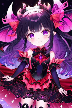 (masterpiece,  top quality,  best quality,  official art,  beautiful and aesthetic:1.2),  (demon queen_girl, ),  light smile,  demon queen dress,  intricate dress,  highest detailed,  zoom_out,  perfect eyes,  random hairstyle, loli,  demon queen pupil,