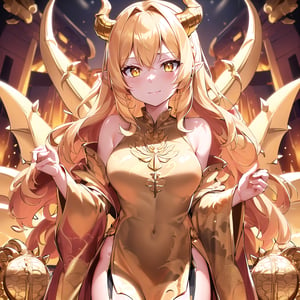 masterpiece, best quality, 1girl, solo, (golden dragon horns, gold scales, elegant dress, intricate patterns), upper body, loli, (((fair skin))), gold hair, yellow eyes, long hair, wavy hair, standing, (dragon wings), (spiked tail), (glowing aura), (ancient temple, treasure hoard), looking at viewer,