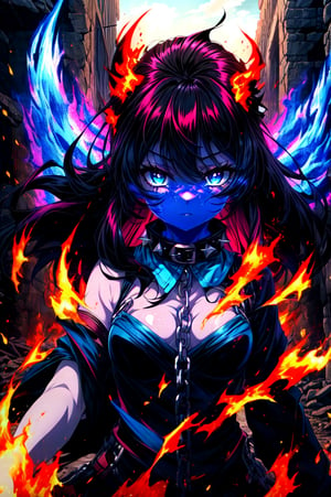 masterpiece, best quality, 1girl, solo, (upper body,loli), (((white skin))), (black hair, blue eyes, long hair, wavy hair), , standing,(shackles), (spiked collar), (blue flames, blue fire, burning), (hell, ruins), looking at viewer,