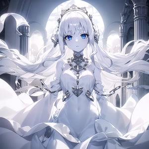 masterpiece, best quality, 1girl, solo, (white ethereal dress, flowing, translucent fabric), upper body, loli, (((pale skin))), white hair, blue eyes, long hair, wavy hair, floating, (ghostly aura), (chains), (glowing), (abandoned mansion, moonlight), looking at viewer,
