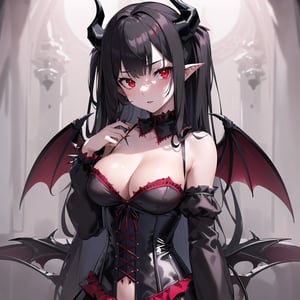 masterpiece, best quality, 1girl, solo, (black gothic dress, red accents, lace trim, corset), upper body, loli, (((fair skin))), black hair, red eyes, long hair, wavy hair, standing, (demon horns), (bat wings), (spiked tail), (spiked collar), (hellfire, dark throne), looking at viewer,