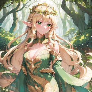 masterpiece, best quality, 1girl, solo, (elegant elven dress, intricate patterns, flowing fabric, nature-inspired design), upper body, loli, (((fair skin))), blonde hair, green eyes, long hair, wavy hair, standing, (pointed elf ears), (floral crown), (glowing aura), (enchanted forest, ancient trees), looking at viewer,