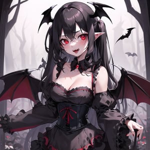 masterpiece, best quality, 1girl, solo, (black gothic dress, red accents, lace trim, corset, bat-shaped brooch), upper body, loli, (((fair skin))), black hair, red eyes, long hair, wavy hair, standing, (vampire fangs), (bat wings), (spiked collar), (moonlight, dark forest), looking at viewer,
