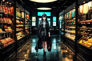 1girl, solo,black-longhair,blue-eyes,Standing in front of the bag display cabinet,modern clothing,elegant theme,best quality,masterpiece,ultra high res,anime,beautiful,zoomed, hit definition, contrasting colors, JRPG, 32k resolution, best quality, volumetric lighting, intricate details, very high saturation,DonMG414 