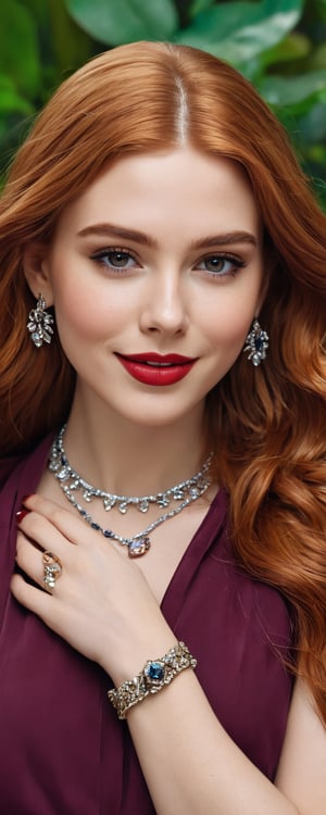 (best quality, masterpiece, ultra detailed, 8K, RAW photo), absurdres, a beautiful young woman holding a chipmunk, flowy long red hair, claret blouse,dark eyes,glossy lips,kind smile,intricate jewelry,necklace,earrings, bliss, botanical background,vibrant color, colorful, 