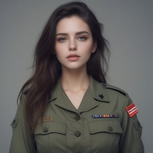 Beautiful woman wearing a army dress no bra, analog photograph, professional fashion photoshoot, hyperrealistic, masterpiece, trending on artstation,krrrsty