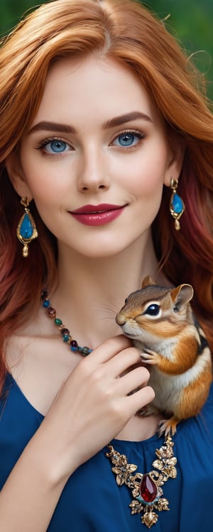 (best quality, masterpiece, ultra detailed, 8K, RAW photo), absurdres, a beautiful young woman holding a chipmunk, flowy long red hair, claret blouse,blue dark eyes,glossy lips,kind smile,intricate jewelry,necklace,earrings, bliss, botanical background,vibrant color, colorful, 