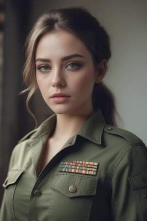 Beautiful woman wearing a army dress no bra, analog photograph, professional fashion photoshoot, hyperrealistic, masterpiece, trending on artstation,krrrsty