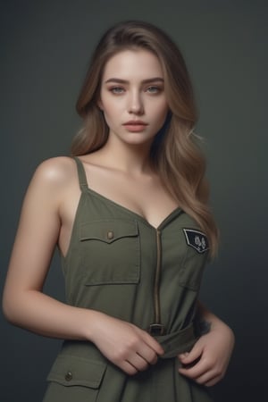 Beautiful woman wearing a army dress no bra, analog photograph, professional fashion photoshoot, hyperrealistic, masterpiece, trending on artstation,krrrsty