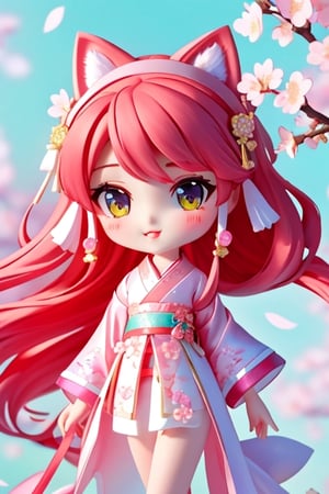 lllustration of 8-year-old girl named Katy,Fluffy red hair,pink cat eyes ,cute and petite cat nose,petite and delicate, elegant cat whiskers,pink Hanfu adorned with cherry blossom patterns, complemented by a cute embroidered floral headpiece,equal head-to-body proportion,Bubble Martequal  Style,kiki,shorter body