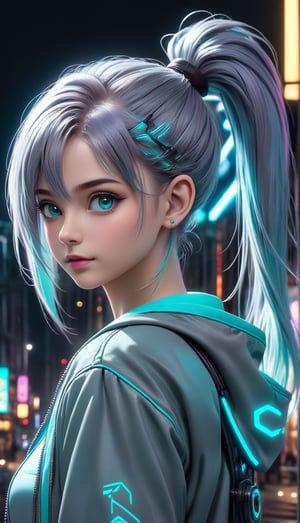 Create a stunning cyberpunk image of beautiful europian girl, gray colour hair with pony tail, wearing cyan jacket and gray colour inner, close-up shot,  posing, side look, europian girl in the city,  night mode, realistic, cyberpunk , portrait mode, gymnastics fit girl, ,DonMD0n7P4n1cXL