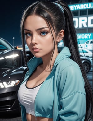 Create a realistic image of beautiful europian 28 year girl, cyan straight hair with pony tail, wearing open jacket , and grey colour sports bra, cyan colour eyes with crystal clear , blurredbackground, a sports car in background,looking_at_viewer, realistic, night mode, realism, portrait mode, curvy_figure ,aesthetic portrait