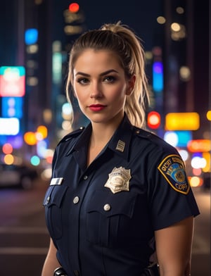 A confident American woman police officer poses proudly under the city's neon lights at night. Her messy, grey-streaked ponytail falls down her back as she wears a fitted cop uniform, showcasing her curvy figure and prominent bust. The soft focus of the nighttime cityscape creates a moody atmosphere, with towering skyscrapers and bustling streets blurred in the background.
