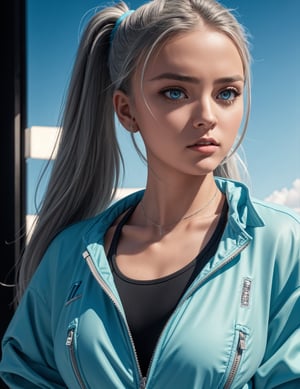 Create a realistic image of beautiful europian 28 year girl, cyan straight hair with pony tail, wearing open jacket , and grey colour sports bra, cyan colour eyes with crystal clear , blurredbackground, a sports car in background,looking_at_viewer, realistic, night mode, realism, portrait mode, curvy_figure ,aesthetic portrait