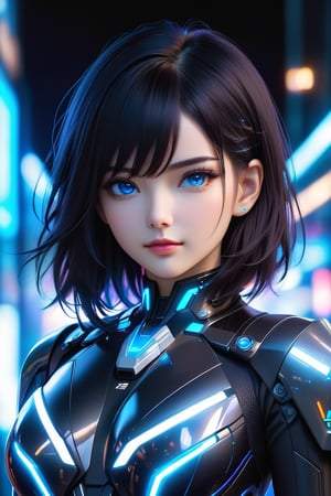 Create a realistic image of beautiful europian 28 year girl, straight black hair, wearing future suit,  sci-fi, blue eyes with crystal clear , blurred background , looking_at_viewer, futuristic , night mode, portrait mode, curvy_figure, aesthetic portrait