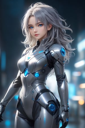 Create a realistic image of beautiful europian 28 year girl, full body side view straight silver Messy hair, wearing gray colour future suit,  sci-fi, blue eyes with crystal clear , blurred background , looking_at_viewer, futuristic , night mode, portrait mode, 