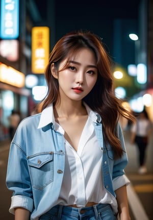 A stunning Korean beauty, her messy brown hair framing her striking features.wearing loose light blue rough jeans and white inner and shirt , full body view,, cinematic shot captures the beautiful look, , The 16K resolution street photography , night mode, create a realistic, detailed image with a blurred background.,More Reasonable Details