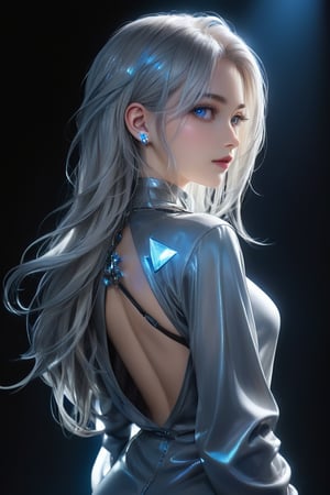 Side-view portrait of a stunning 28-year-old European woman, gazing directly at the viewer. Her silver-hued locks cascade down her back in a messy, undone style. She wears a sleek gray jumpsuit adorned with futuristic accents, its metallic sheen reflecting the dim night light. Her piercing blue eyes sparkle like crystals, shining bright beneath the cinematic lighting. The blurred background fades into darkness, leaving only the subject in sharp focus. Night mode and portrait mode blend seamlessly to create a captivating, otherworldly scene.