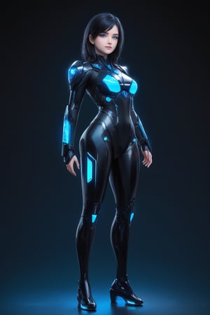 Create a realistic image of beautiful europian 28 year girl, full body side view straight black hair, wearing future suit,  sci-fi, blue eyes with crystal clear , blurred background , looking_at_viewer, futuristic , night mode, portrait mode, curvy_figure, aesthetic portrait
