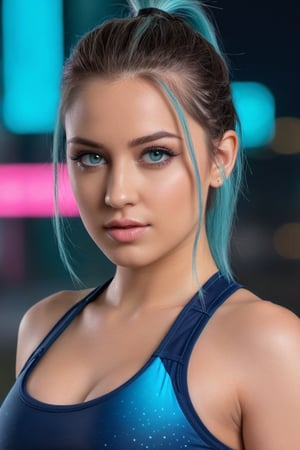 Create a realistic image of beautiful europian 28 year girl, cyan straight hair with pony tail, wearing navy blue open jacket with pink line, and grey colour sports bra, cyan colour eyes with crystal clear , blurred cyberpunk background, close up look, realistic, night mode, realism, portrait mode, curvy_figure ,aesthetic portrait