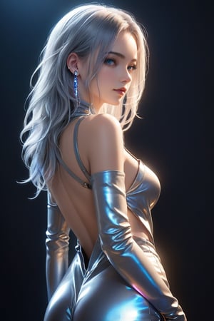 Side-view portrait of a stunning 28-year-old European woman, gazing directly at the viewer. Her silver-hued locks cascade down her back in a messy, undone style. She wears a sleek gray jumpsuit adorned with futuristic accents, its metallic sheen reflecting the dim night light. Her piercing blue eyes sparkle like crystals, shining bright beneath the cinematic lighting. The blurred background fades into darkness, leaving only the subject in sharp focus. Night mode and portrait mode blend seamlessly to create a captivating, otherworldly scene.