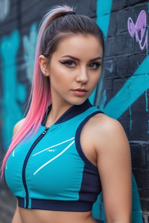 Create a realistic image of beautiful europian 28 year girl, cyan straight hair with pony tail, wearing navy blue open jacket with pink line, and grey colour sports bra, cyan colour eyes with crystal clear , blurred cyberpunk graffiti wall background,  looking_at_viewer, realistic, night mode, realism, portrait mode, curvy_figure ,aesthetic portrait