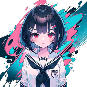 (masterpiece, best quality, highres:1.3), ultra resolution image, 8k, (1girl), slender, design a cute girl, (Phonk:1.2),  red eyes, (black hair:1.2), (bob cut:1.2), arms behind back, wearing ((school Uniform)), ((upper body, half body:1.1)),expression design, perfect human anatomy, dynamic, partial version,