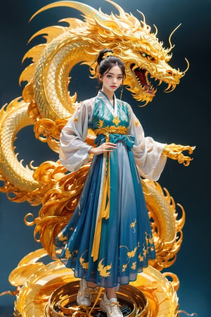 masterpiece, top quality, best quality, official art, beautiful and aesthetic:1.2), (1girl:1.4), yellow color shirt hair tied into simple high ponytail, shiny blue transparent hanfu fashion, round rim glasses, sneakers, chinese green emerald phoenix, golden yellow line, (blue theme:1.6), ultra-high quality, photorealistic, sky background, dynamic pose, icemagicAI