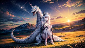 white dragon, white skin, life-size-body, dragon girl, full-length_portrait, night sky, sunset, grass, scenery, highres, high quality, highly detailed, Detailedface