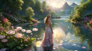 A charming woman stands by a riverbank, the water reflects a surreal dreamscape, featuring towering flower petals and ethereal scenery. She interacts with the magical environment, her presence infusing it with a sense of curiosity and discovery, 3D, utilizing ray tracing for lifelike illumination