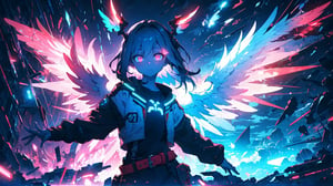 solo, 1girl, cloud, feathered wings, Glowing Pubic Tattoo, saturated colors, neon light, red wings, neon wings, neon black clothing, cute girl, face detailed, eye detailed, eye red neon, looking at viewer, cinematic composition, dynamic pose,Glowing Pubic Tattoo, sweater , short black, belt red, short, big short,